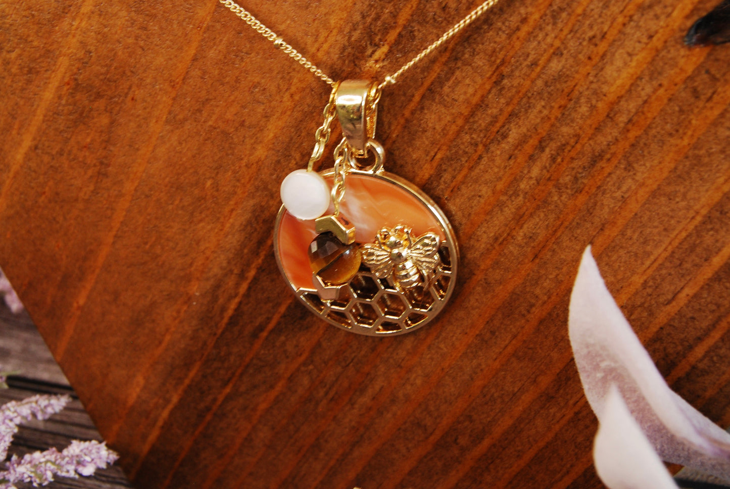 Bee on Honeycomb Pendant Necklace