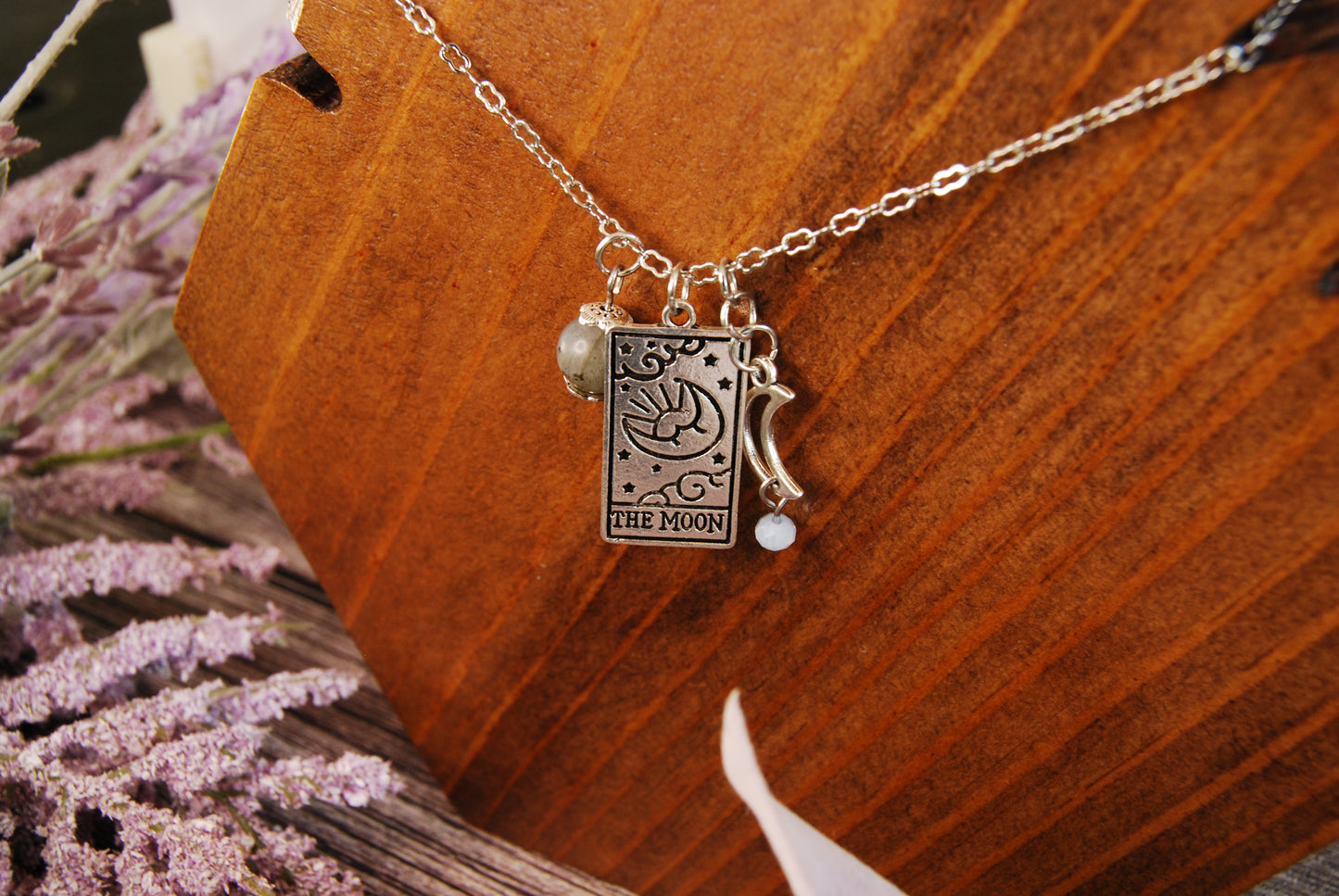 Silver Sun OR Moon Tarot Card Pendant with Dangles Necklace