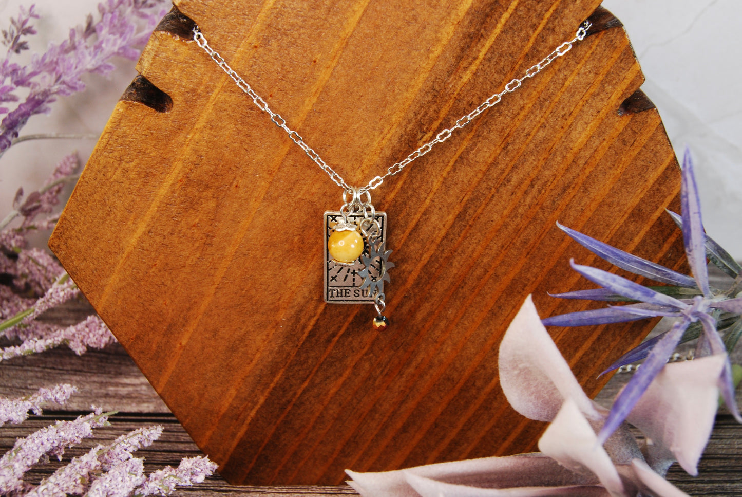 Silver Sun OR Moon Tarot Card Pendant with Dangles Necklace
