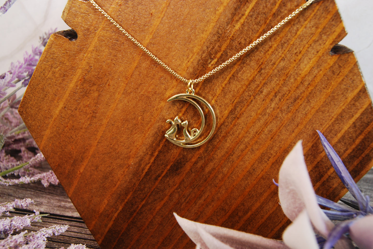Gold Cats on Moon Pendant Necklace