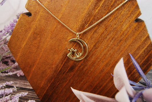 Gold Cats on Moon Pendant Necklace
