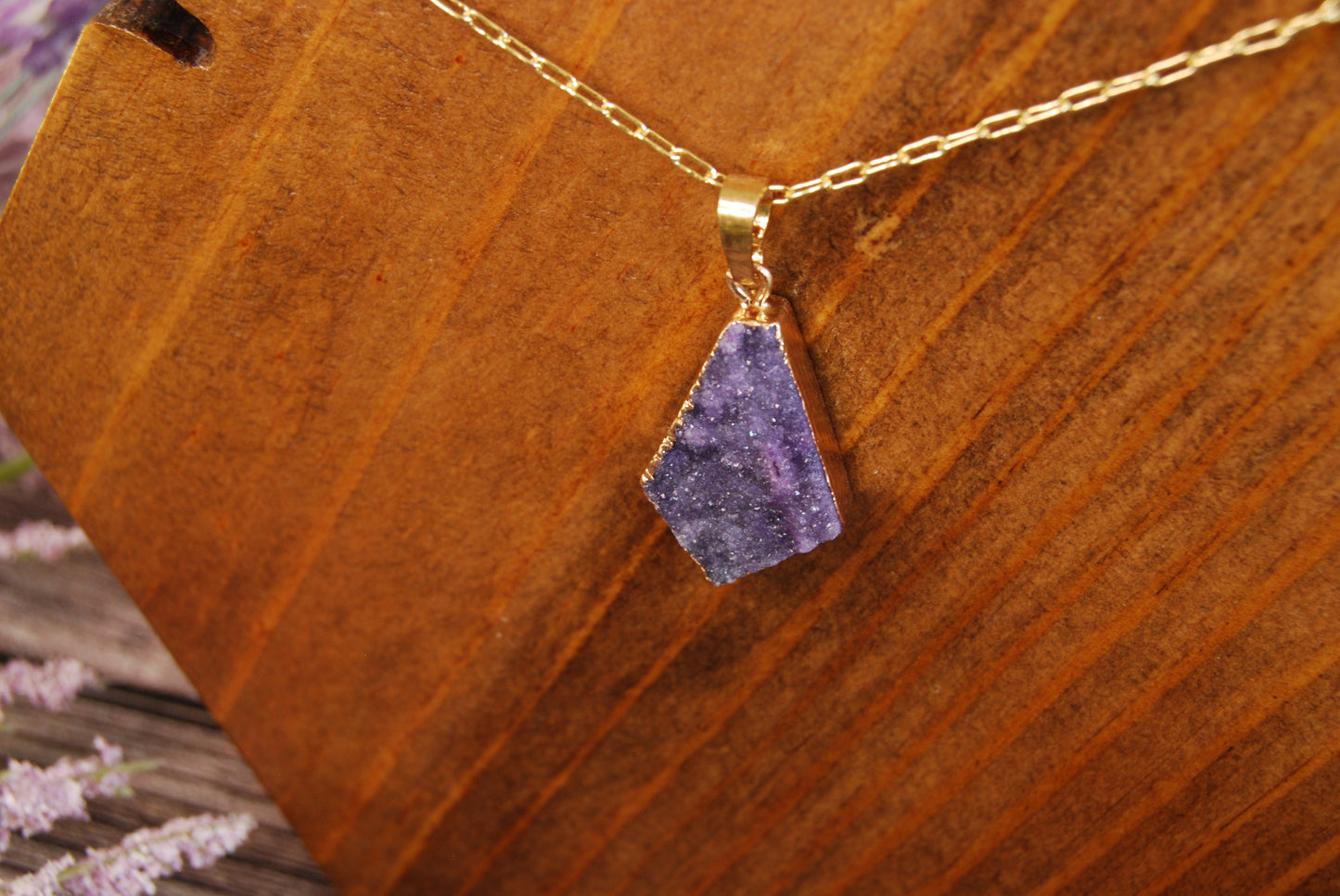 Raw Amethyst and Gold Stone Teardrop Pendant Necklace