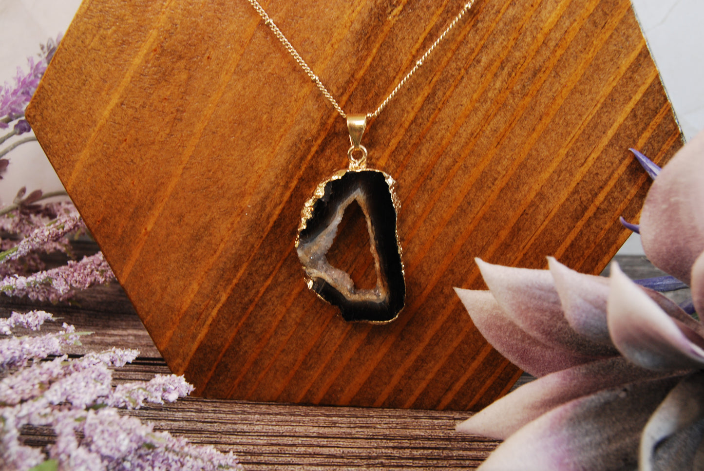 One Geode Pendant Necklace with Gold Chain
