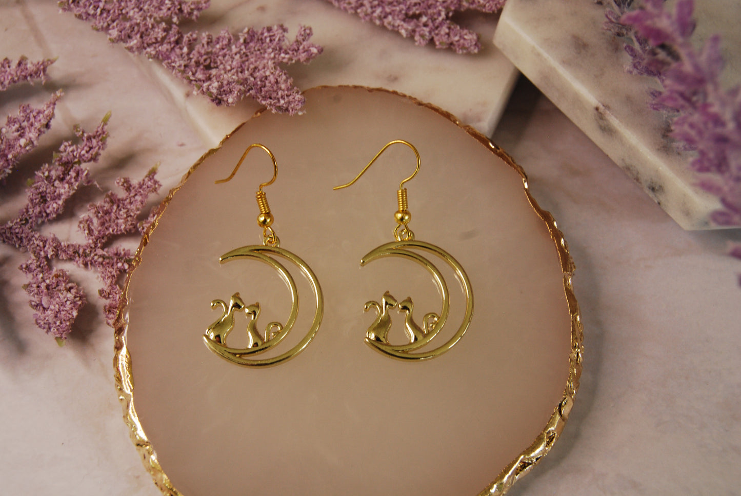 Gold Cats Sitting on Moon Earrings