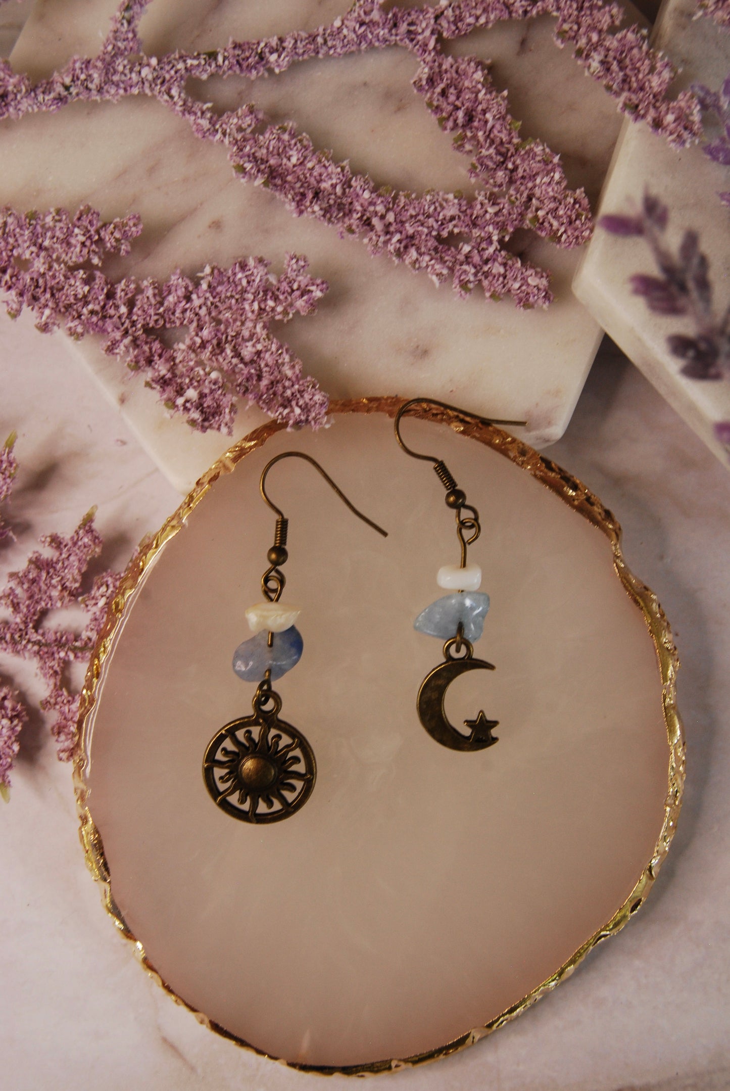 Antique Gold Sun and Moon Earrings with Blue and Shell Beads