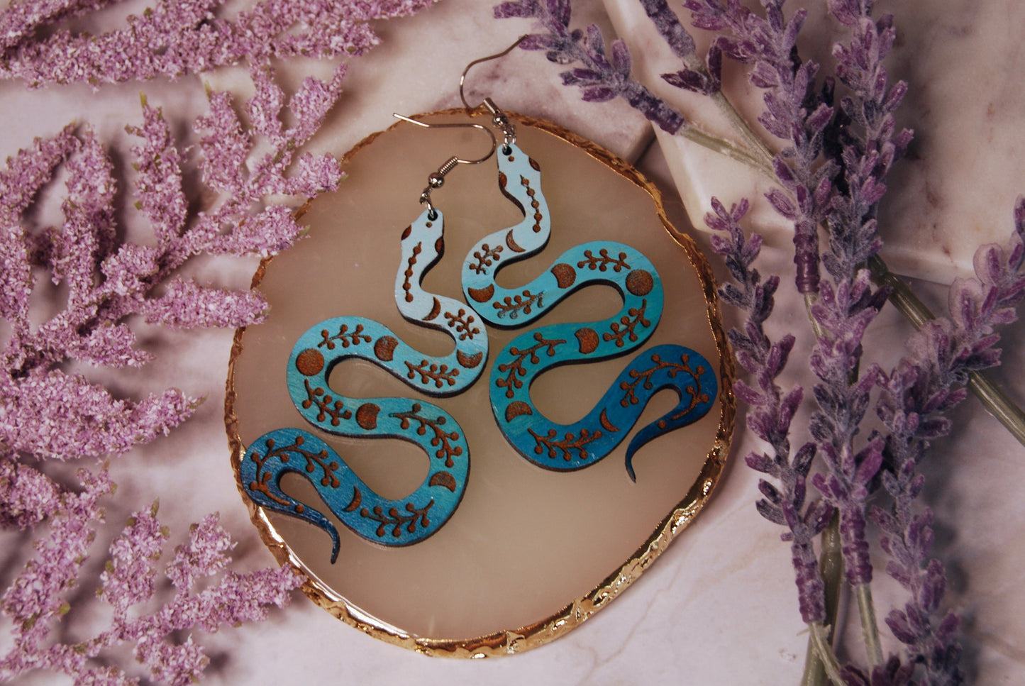Hand Painted Moon Phase Snake Earrings