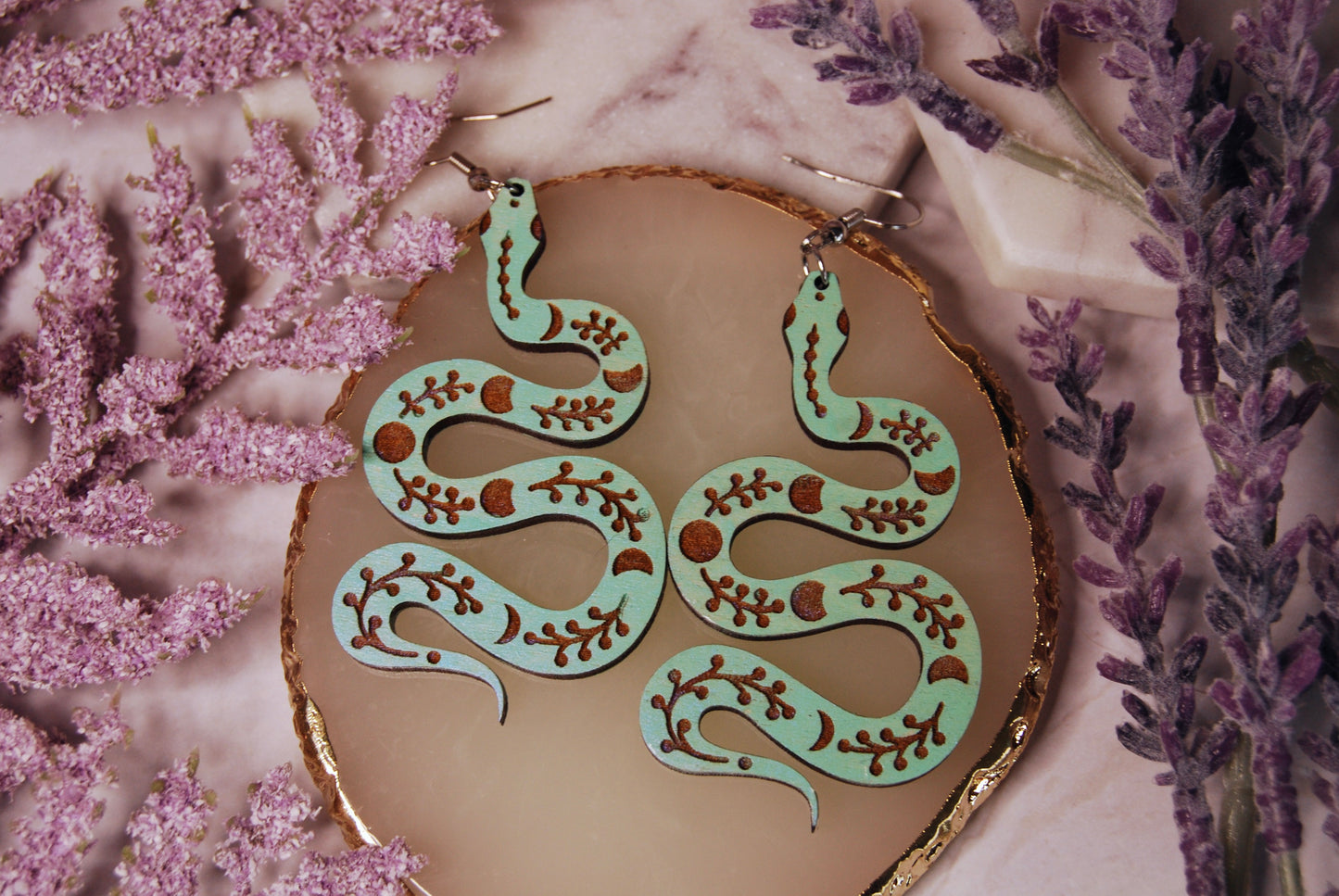 Hand Painted Moon Phase Snake Earrings