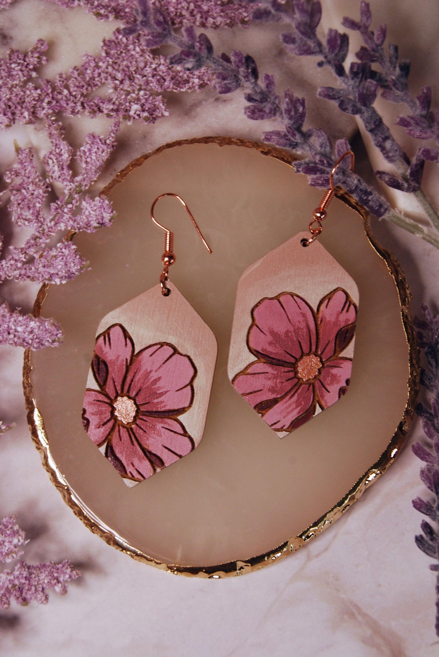 Painted Pink Flower Hexagon Earrings