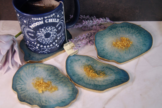 Teal Seafoam Faux Geode Agate Coasters