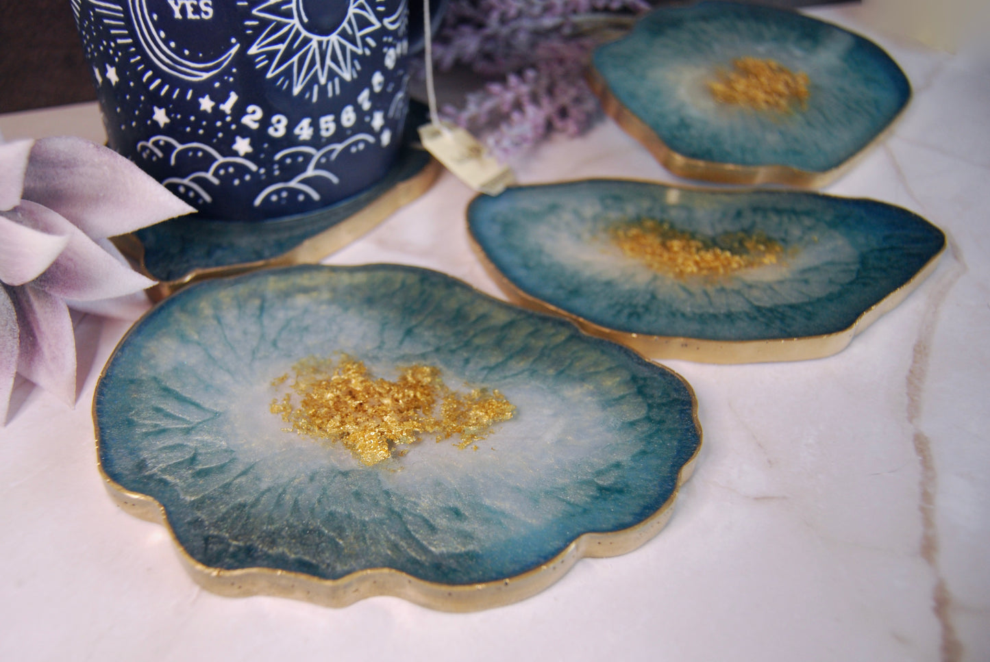 Teal Seafoam Faux Geode Agate Coasters
