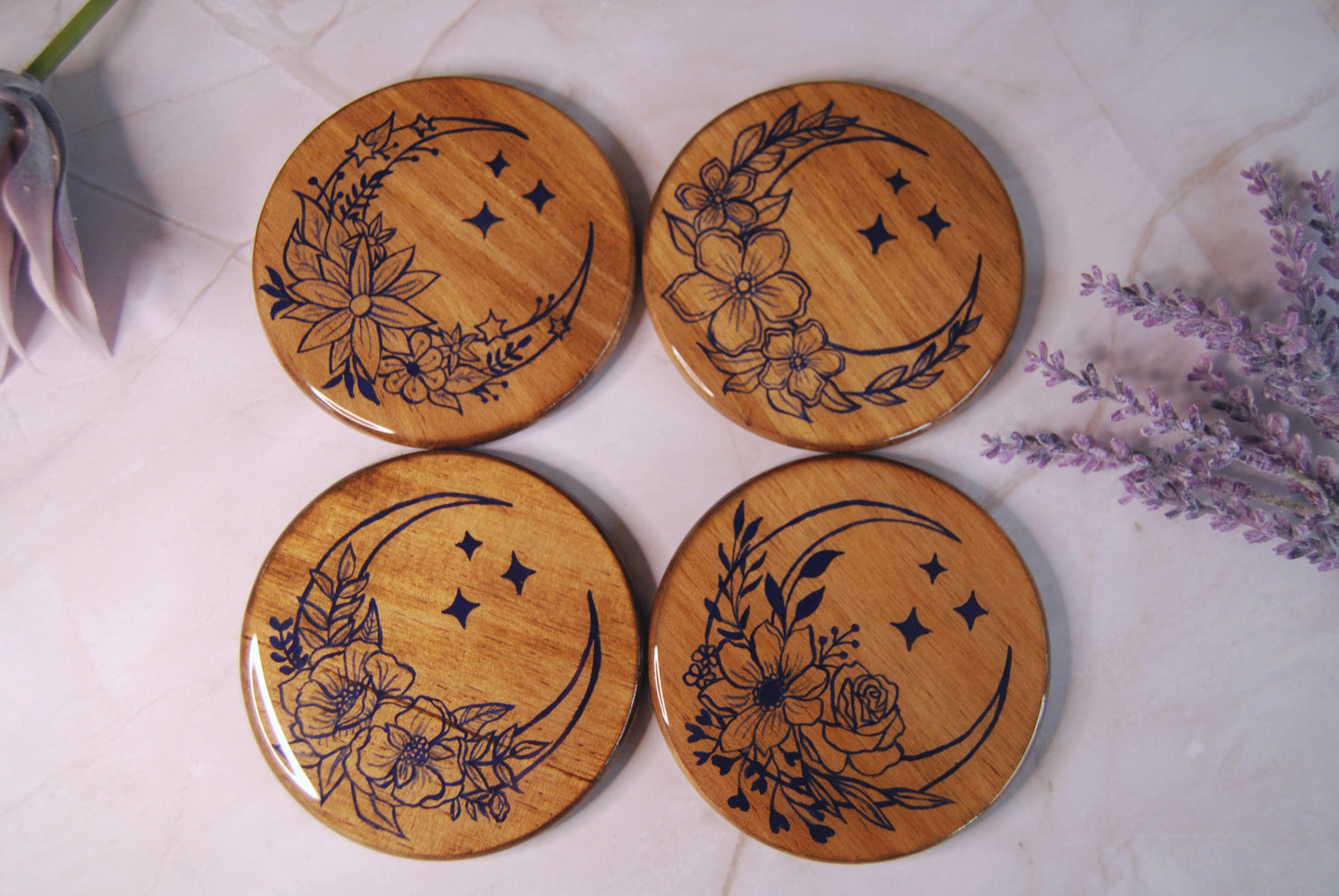 Navy Assorted Floral Crescent Moon Coasters