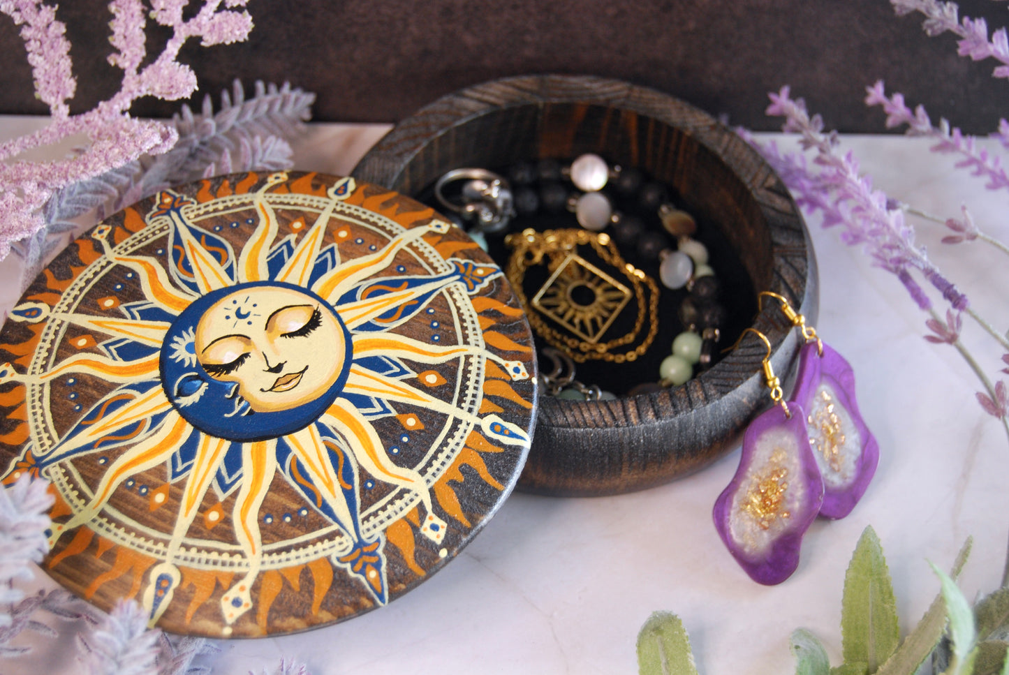 Hand Painted Sun and Moon Trinket Box