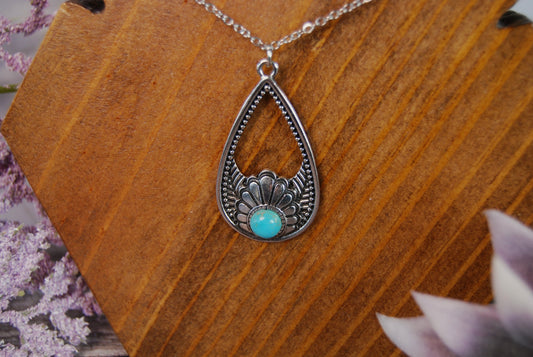 Metal Teardrop Turquoise Pendant Necklace