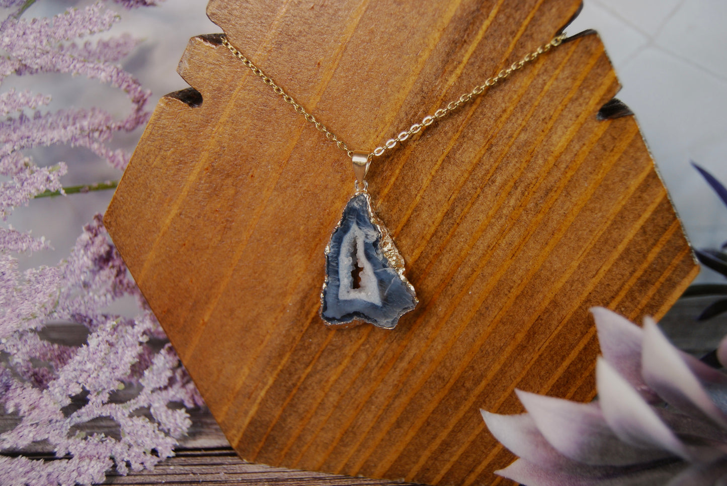 Grey Blue Druzy Agate Pendant Necklace