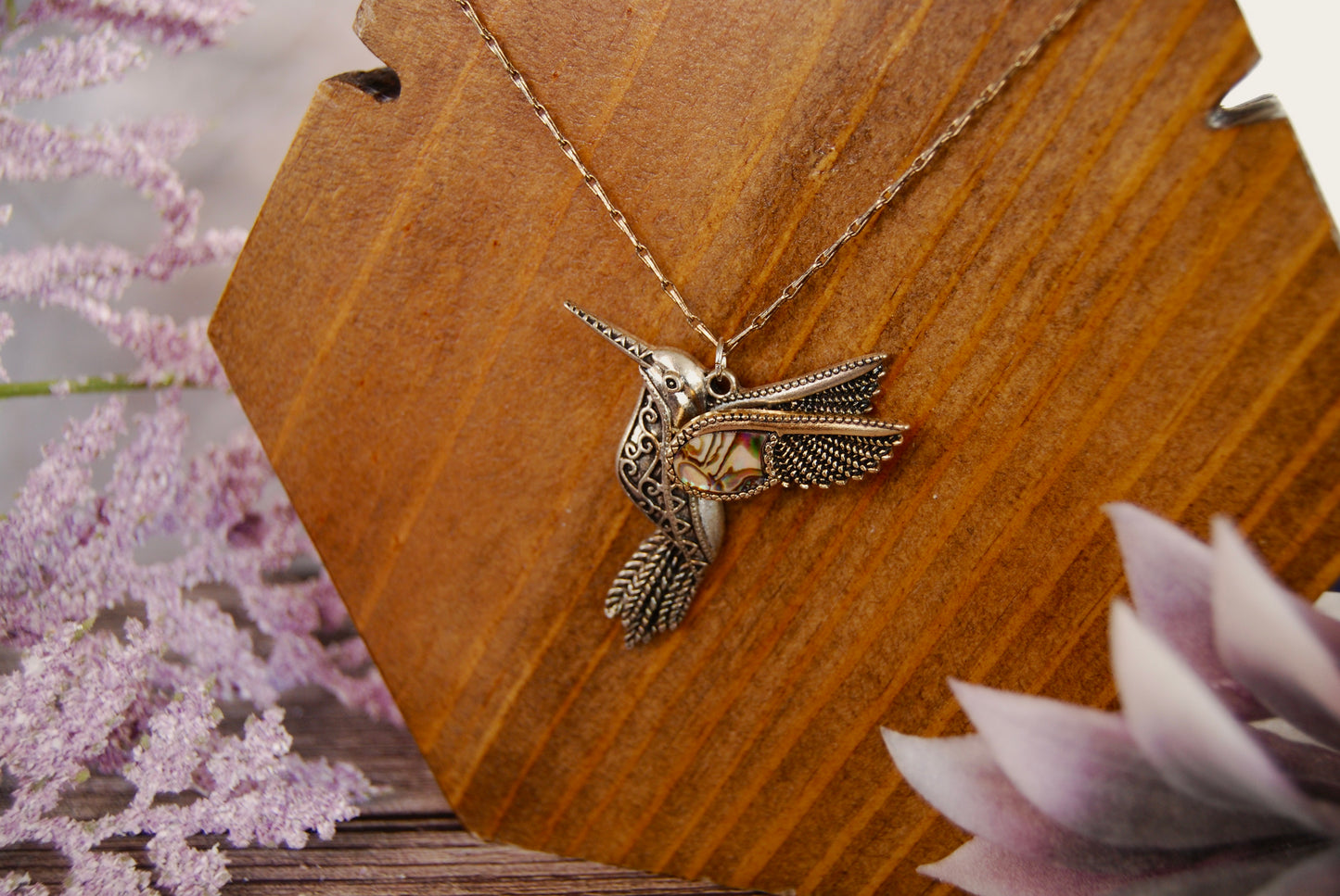 Hummingbird Pendant Necklace with Abalone Shell Detail