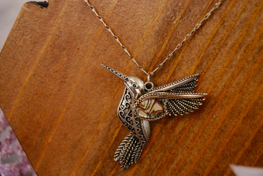 Hummingbird Pendant Necklace with Abalone Shell Detail