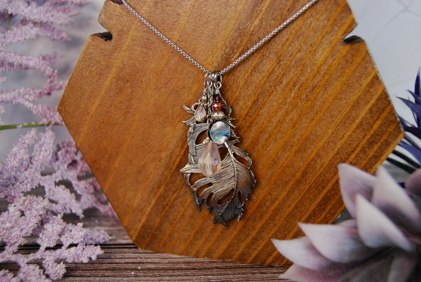 Metal Feather with Bead Dangles Necklace