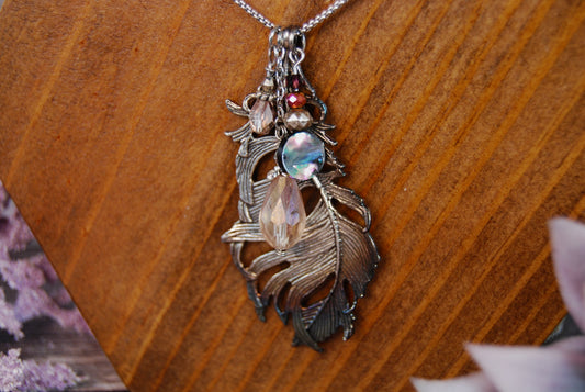 Metal Feather with Bead Dangles Necklace
