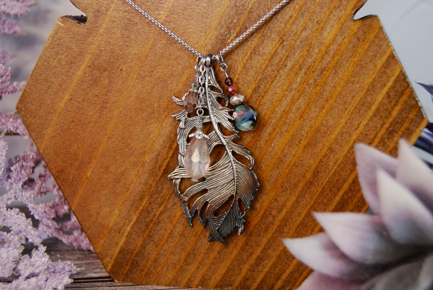 Metal Feather with Bead Dangles Necklace