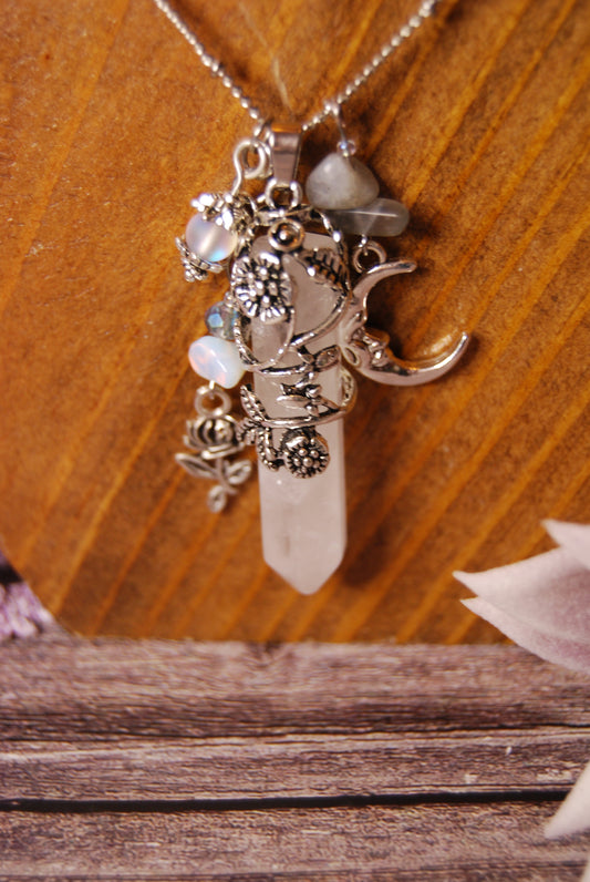 Quartz Crystal Point Necklace with Moon and Rose Charm