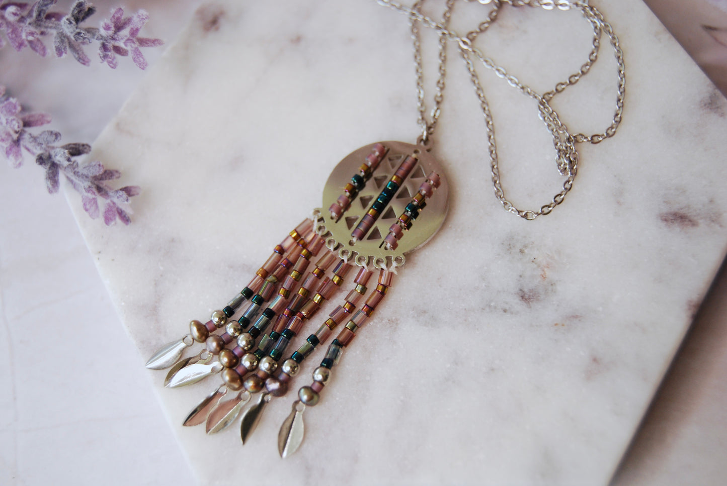 Metal Pendant with Lilac and Blue Beaded Fringe Necklace