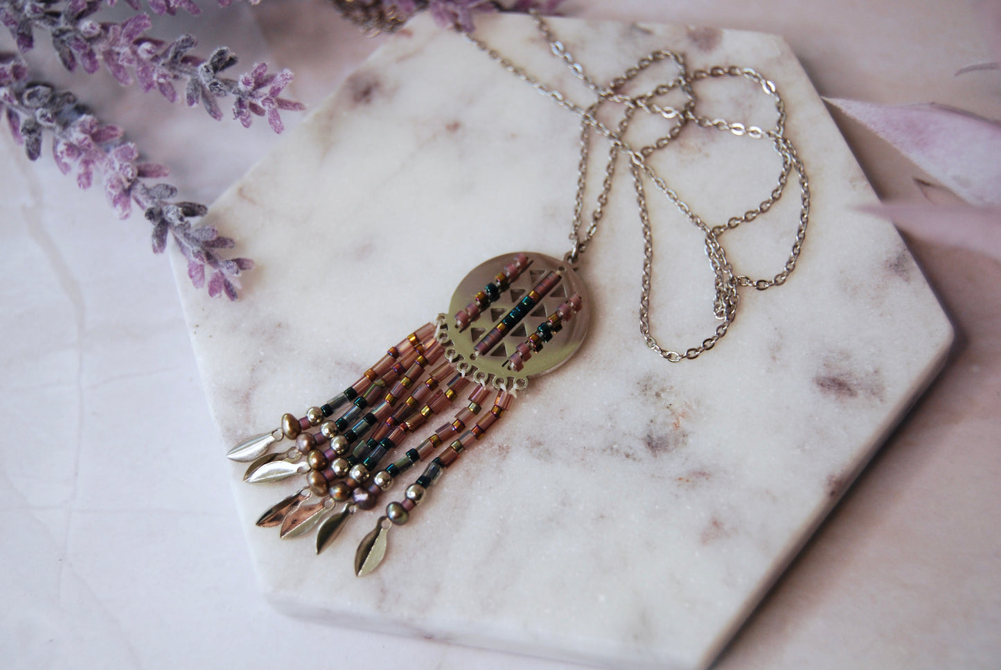 Metal Pendant with Lilac and Blue Beaded Fringe Necklace