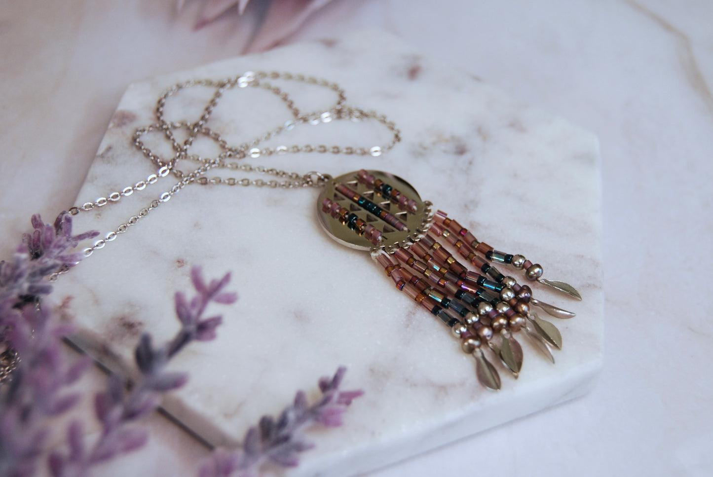 Metal Pendant with Lilac and Blue Beaded Fringe Necklace