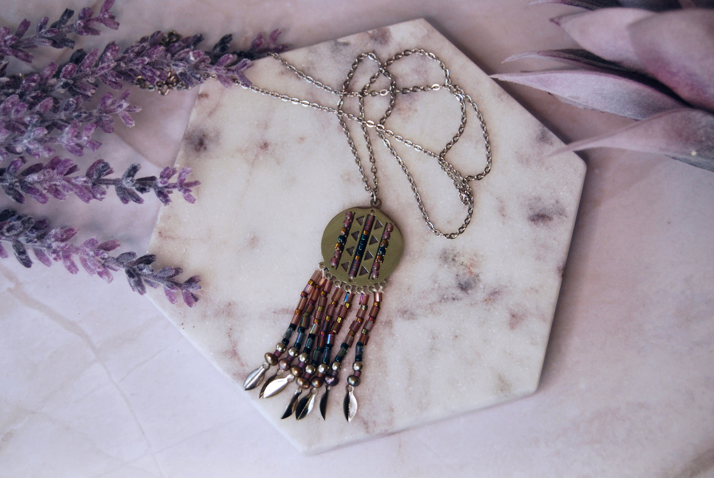 Metal Pendant with Lilac and Blue Beaded Fringe Necklace