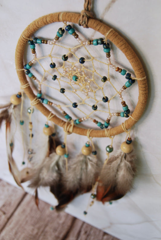 Medium Tan Hoop with Blue Beads Dream Catcher