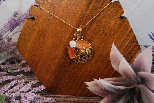 Bee on Honeycomb Pendant Necklace