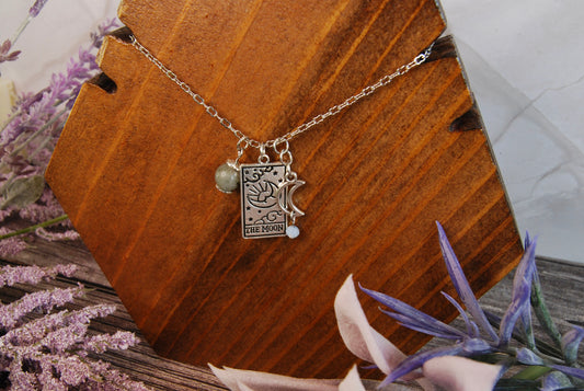 Silver Sun OR Moon Tarot Card Pendant with Dangles Necklace