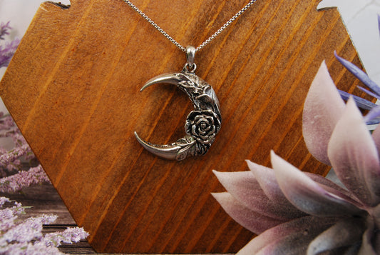 Large Silver Moon with Rose Pendant Necklace