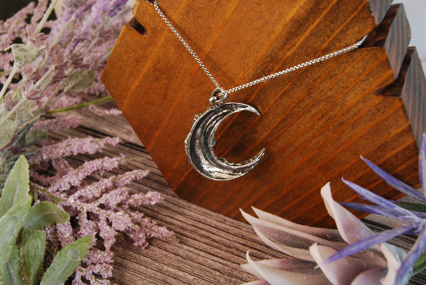 Large Silver Moon with Rose Pendant Necklace