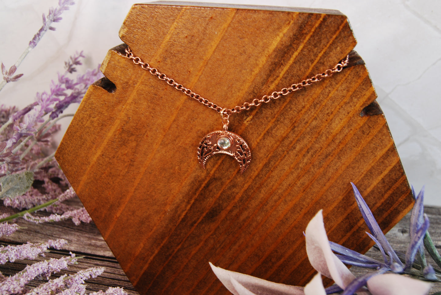 Rose Gold Moon with Gem Necklace