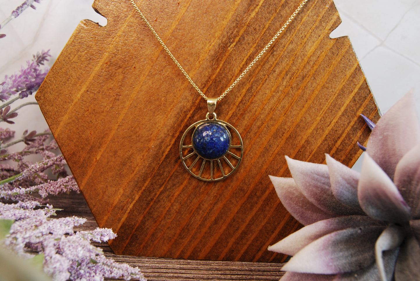 Gold Geometric and Lapis Lazuli Pendant Necklace