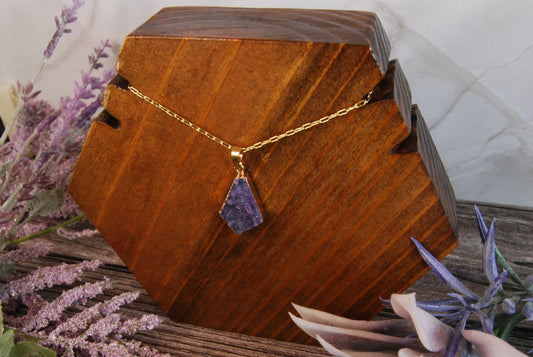 Raw Amethyst and Gold Stone Teardrop Pendant Necklace