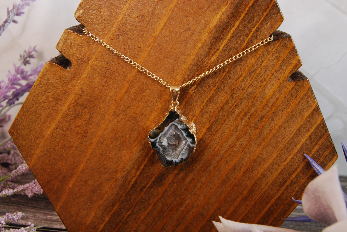 One Black Geode Pendant Necklace