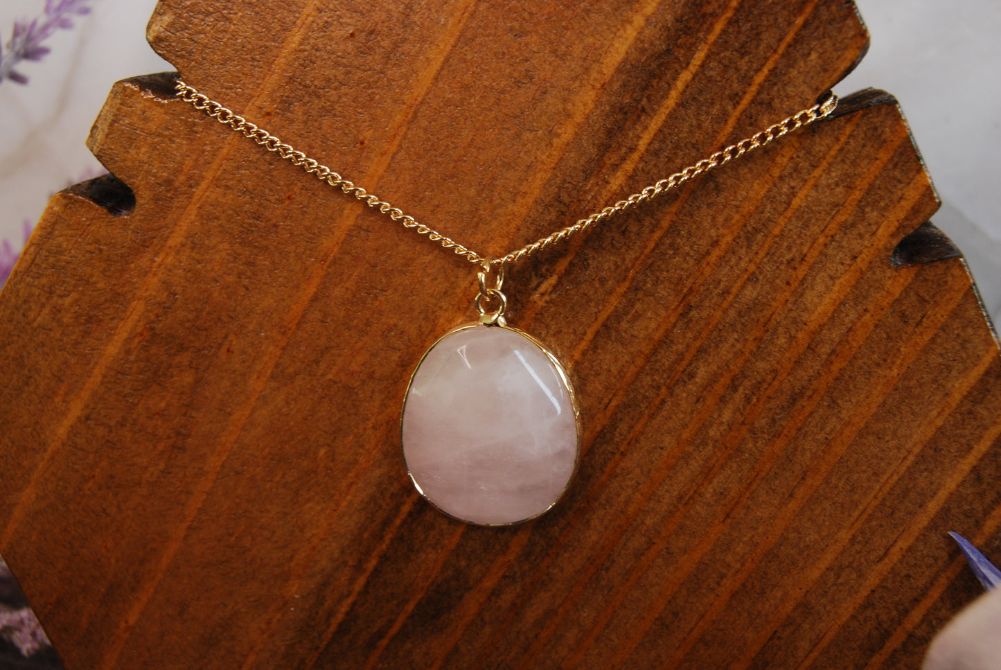 Polished Rose Quartz and Gold Pendant Necklace