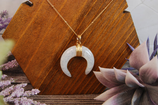 Gold Wrapped Crackle Agate Moon Pendant Necklace