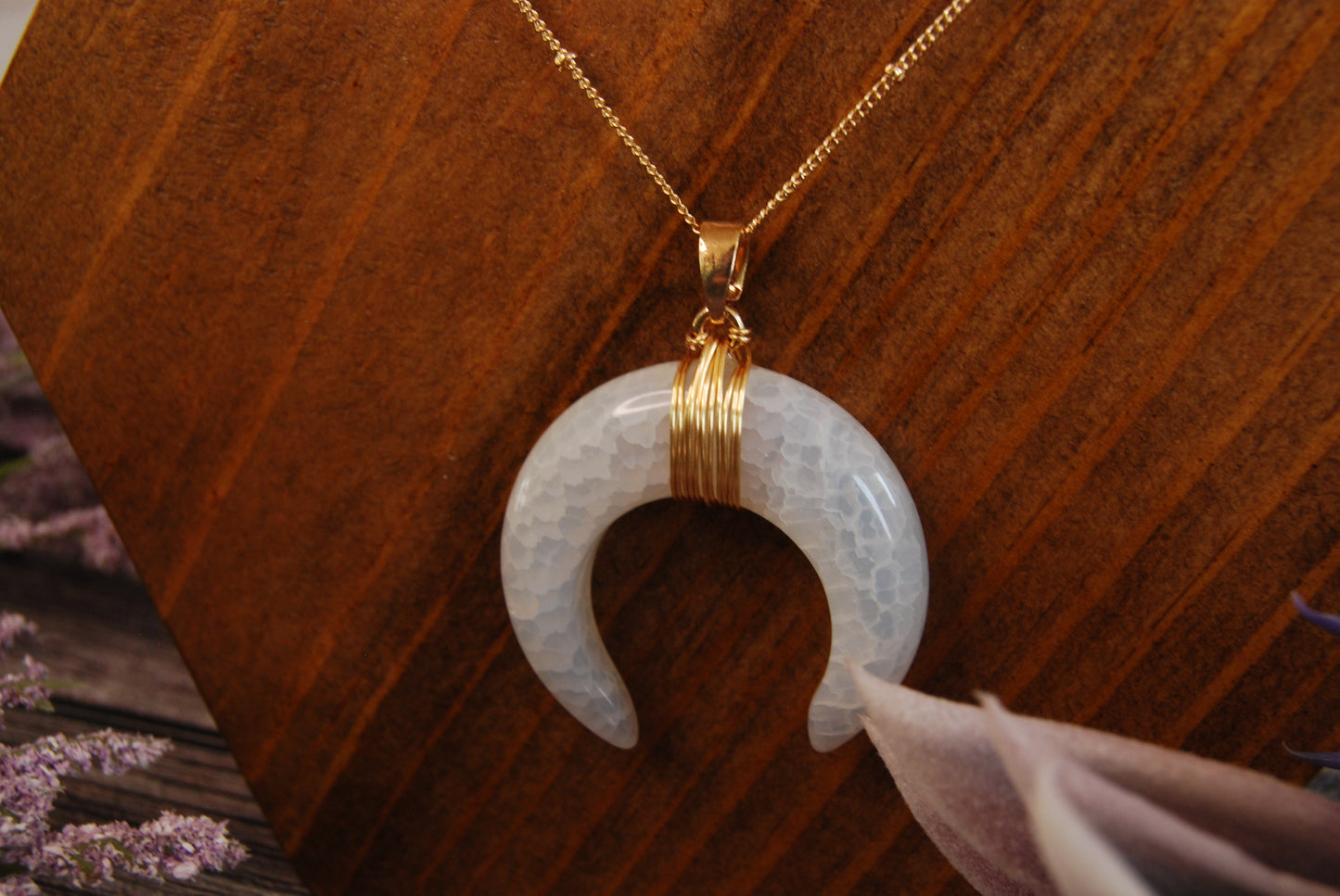 Gold Wrapped Crackle Agate Moon Pendant Necklace