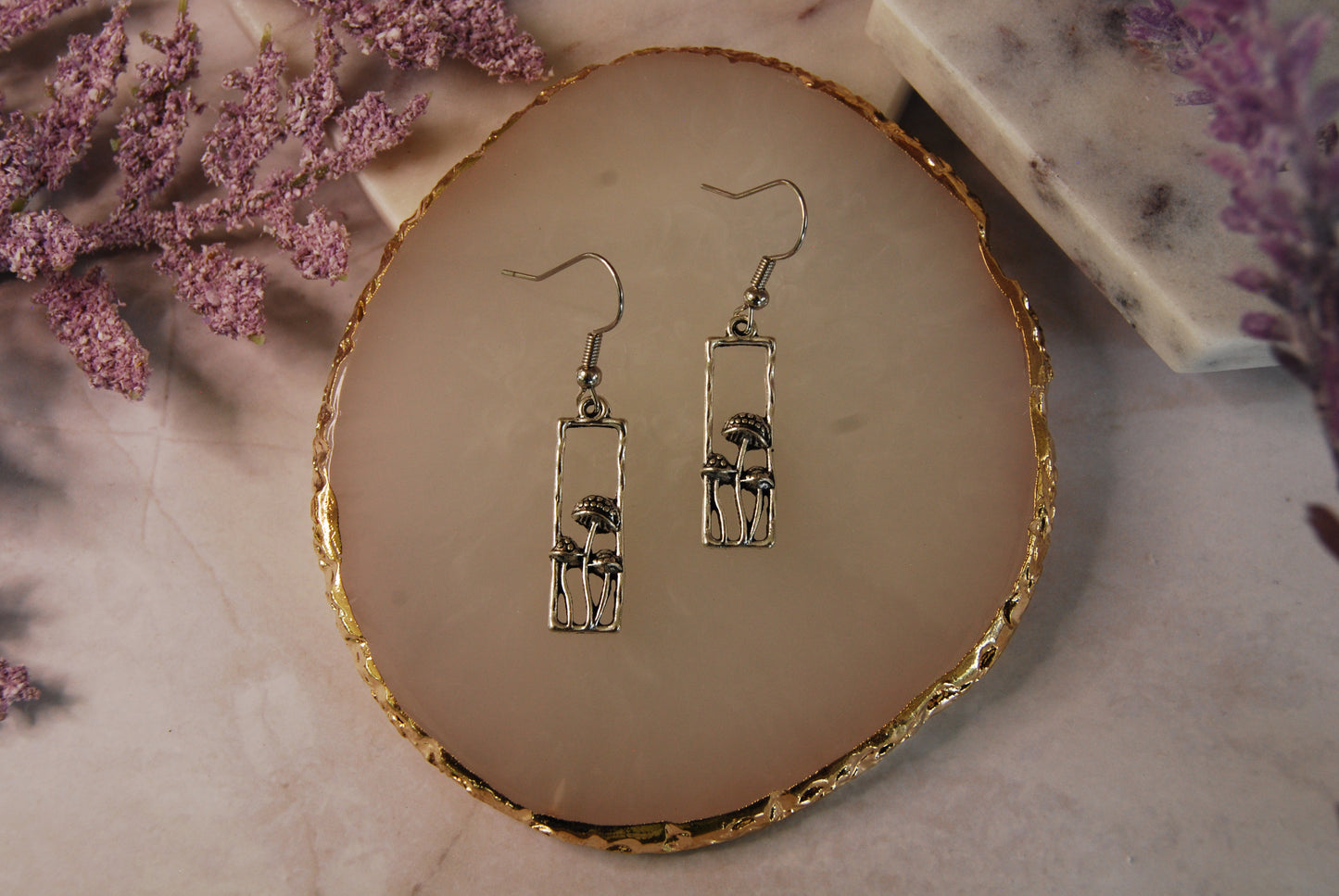 Small Silver Rectangular Mushroom Earrings