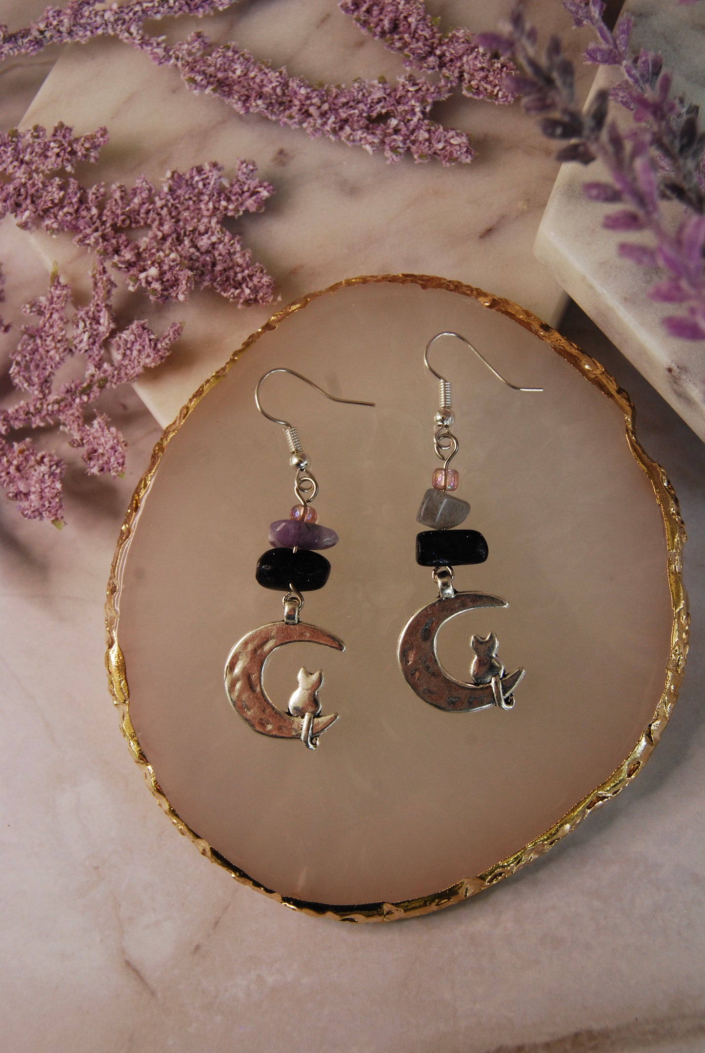 Silver Cat On Moon Charm Earrings