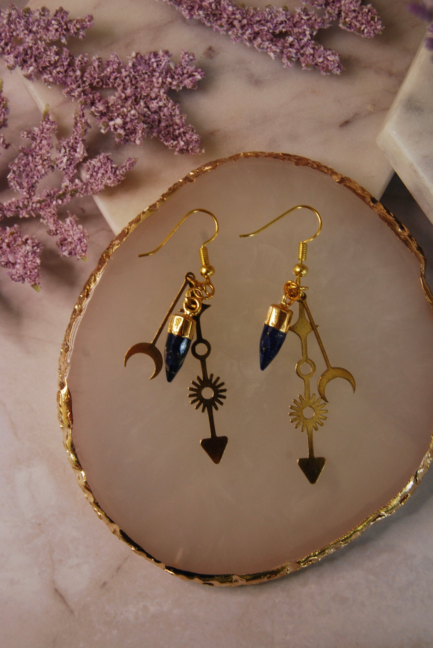 Lapis Lazuli Bullet Stone with Sun and Moon Dangles Earrings