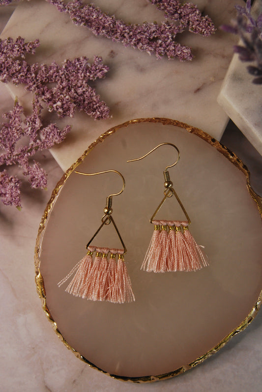 Gold Triangle with Pink Tassel Earrings