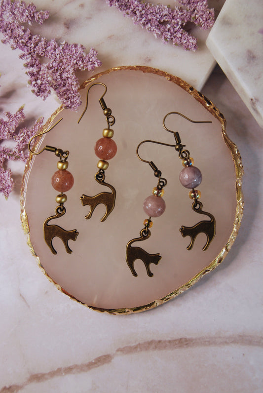 Antique Gold Cats with Bead Earrings