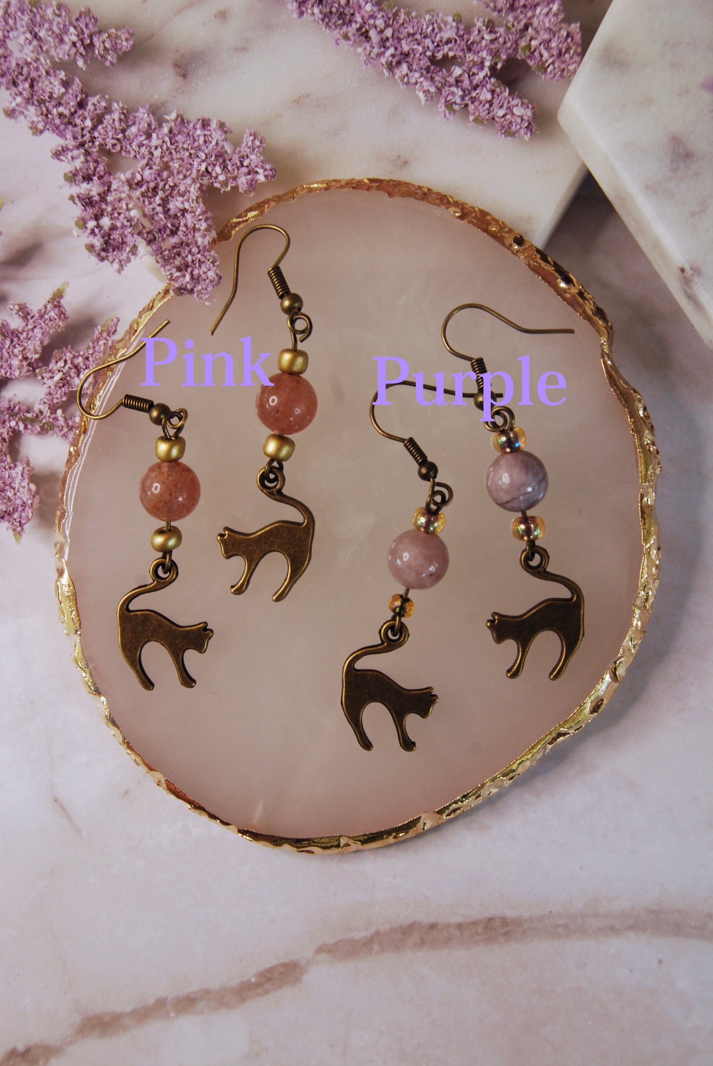 Antique Gold Cats with Bead Earrings