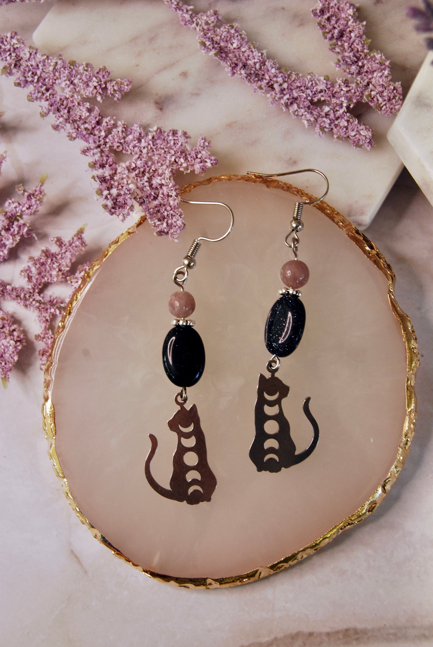 Moon Phase Cat with Blue Sandstone Bead Earrings