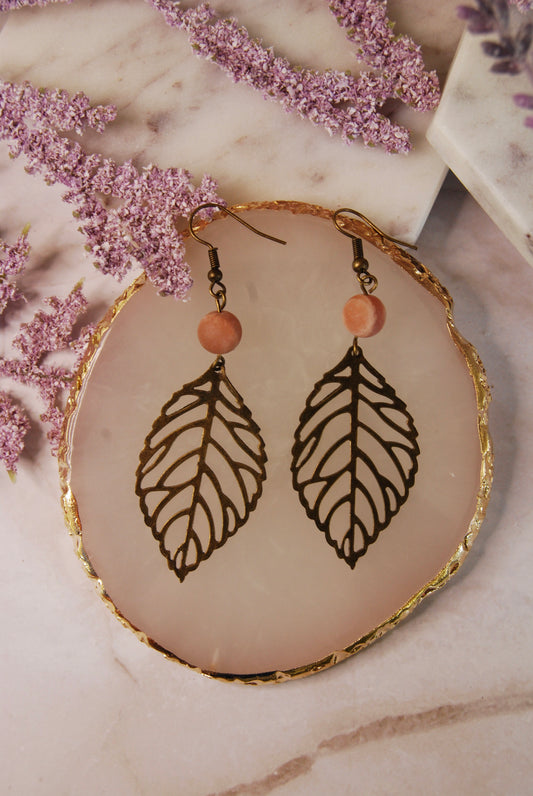 Antique Gold Moonstone Leaves Earrings