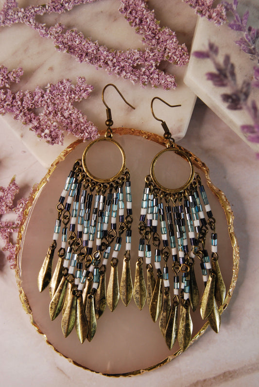 Hoop with Beaded Fringe and Antique Gold Dangles Earrings