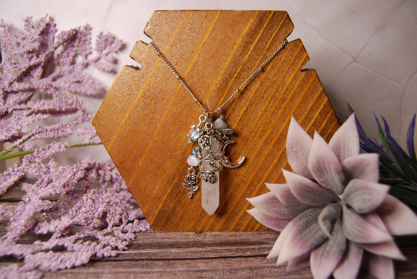 Quartz Crystal Point Necklace with Moon and Rose Charm